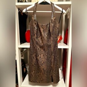 Cache Faux Leather Style Brown Snakeskin Mini Halter Dress